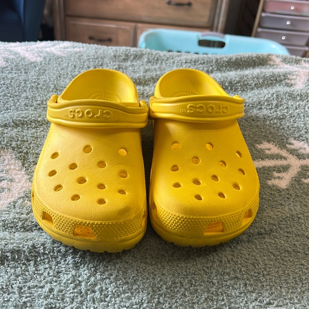 Yellow Crocs, lightly worn, size 9